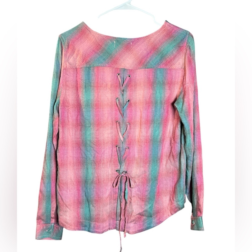 Cloth & Stone Multicolor plaid  Long Sleeve lace back Top - Picture 2 of 5